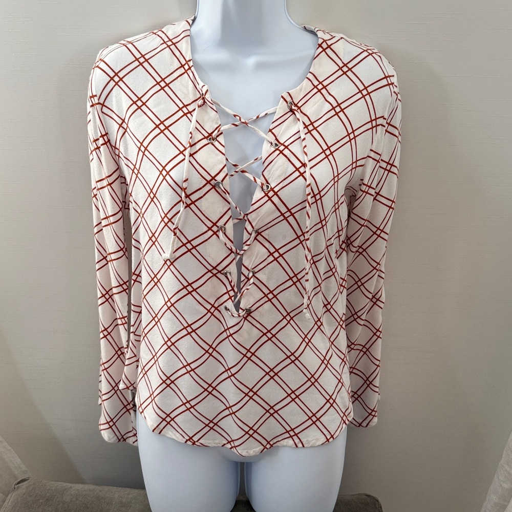 Faithfull the Brand Checkered Blouse in Red and White.. beautiful neck detail